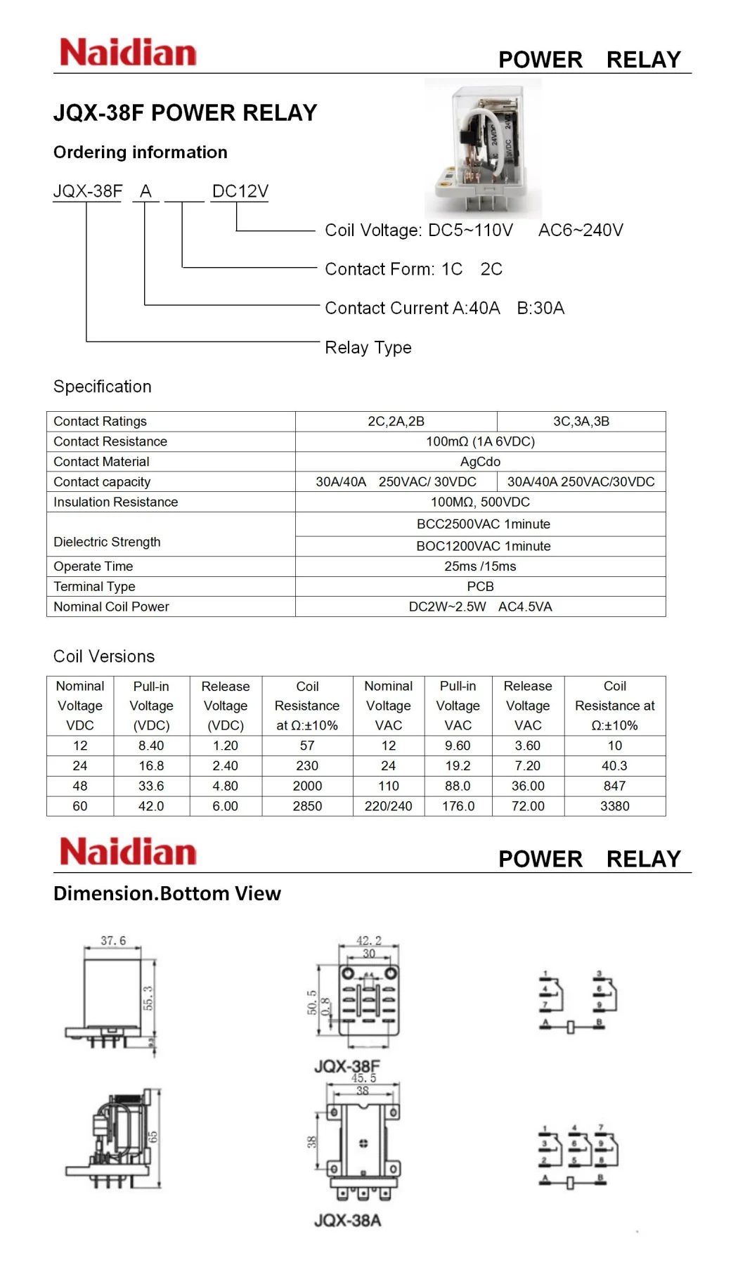 Naidian Jqx-38f-3z 40A/30A High Power Relay